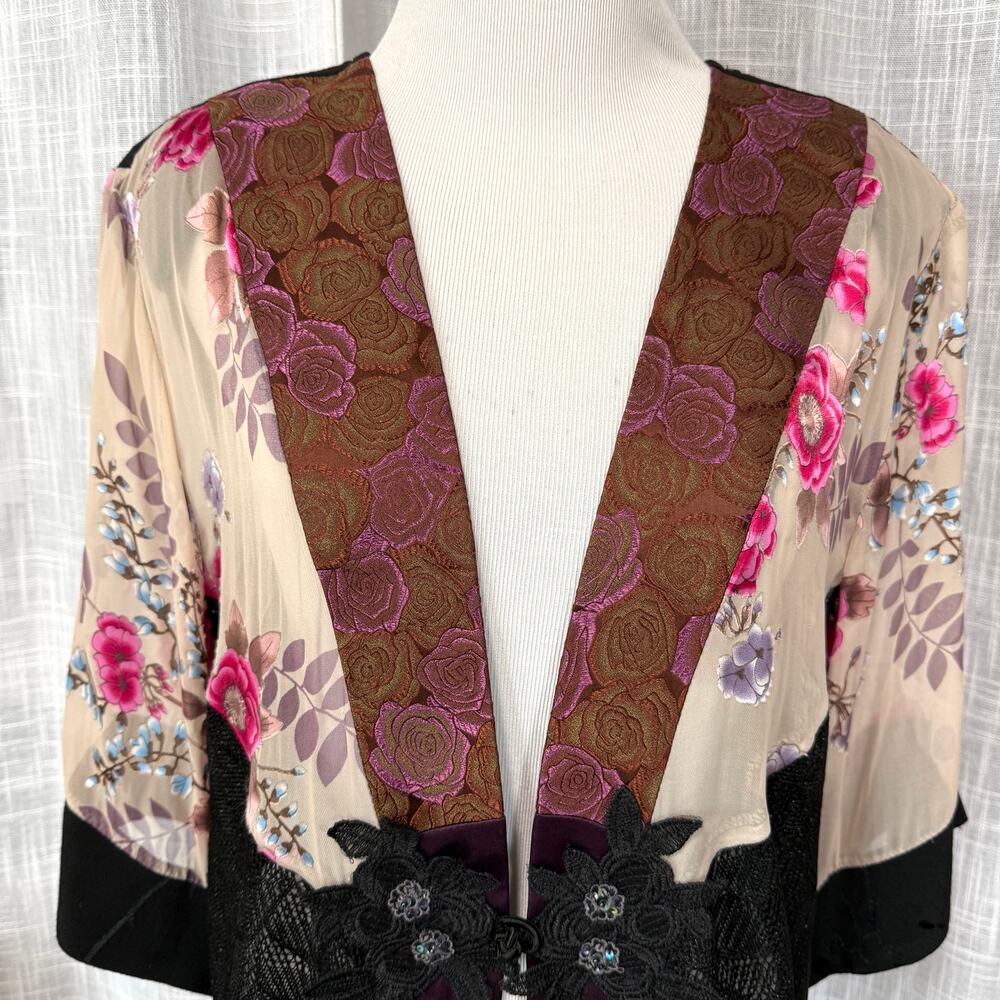 VTG Spencer Alexis Silk Blend Kimono Top L Floral Mesh Whimsical Feminine Artsy - Picture 8 of 15